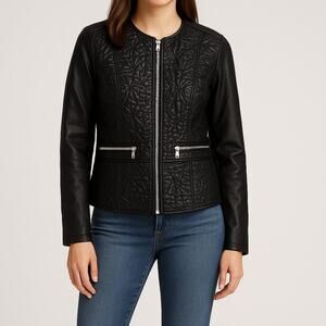 Baccini Black Vegan Leather Moto Jacket • Petite Medium • Edgy Zip Detail NWT